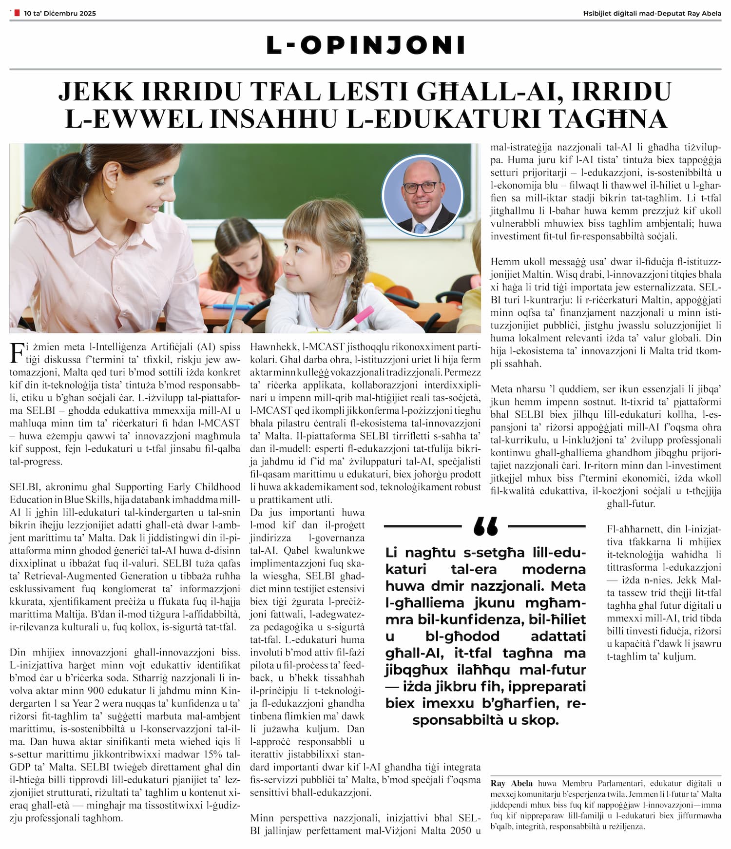 Ray Abela — article excerpt, L-Opinjoni, December 10, 2025